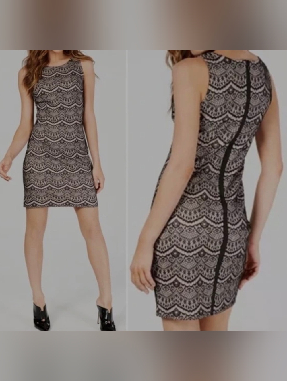 GUESS Sleeveless Tan & Black Lace Sheath Dress